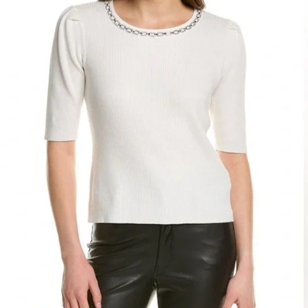 Nanette Lepore Puff Sleeve Jeweled Chain Blouse Ribbed Sweater Med Cannoli Cream